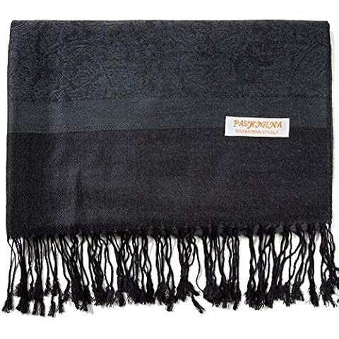 Paisley Pashmina Silk Scarf Shawl Jacquard Cashmere Wrap Stole Two Tones Reversible (Deep Grey/Black) Cover