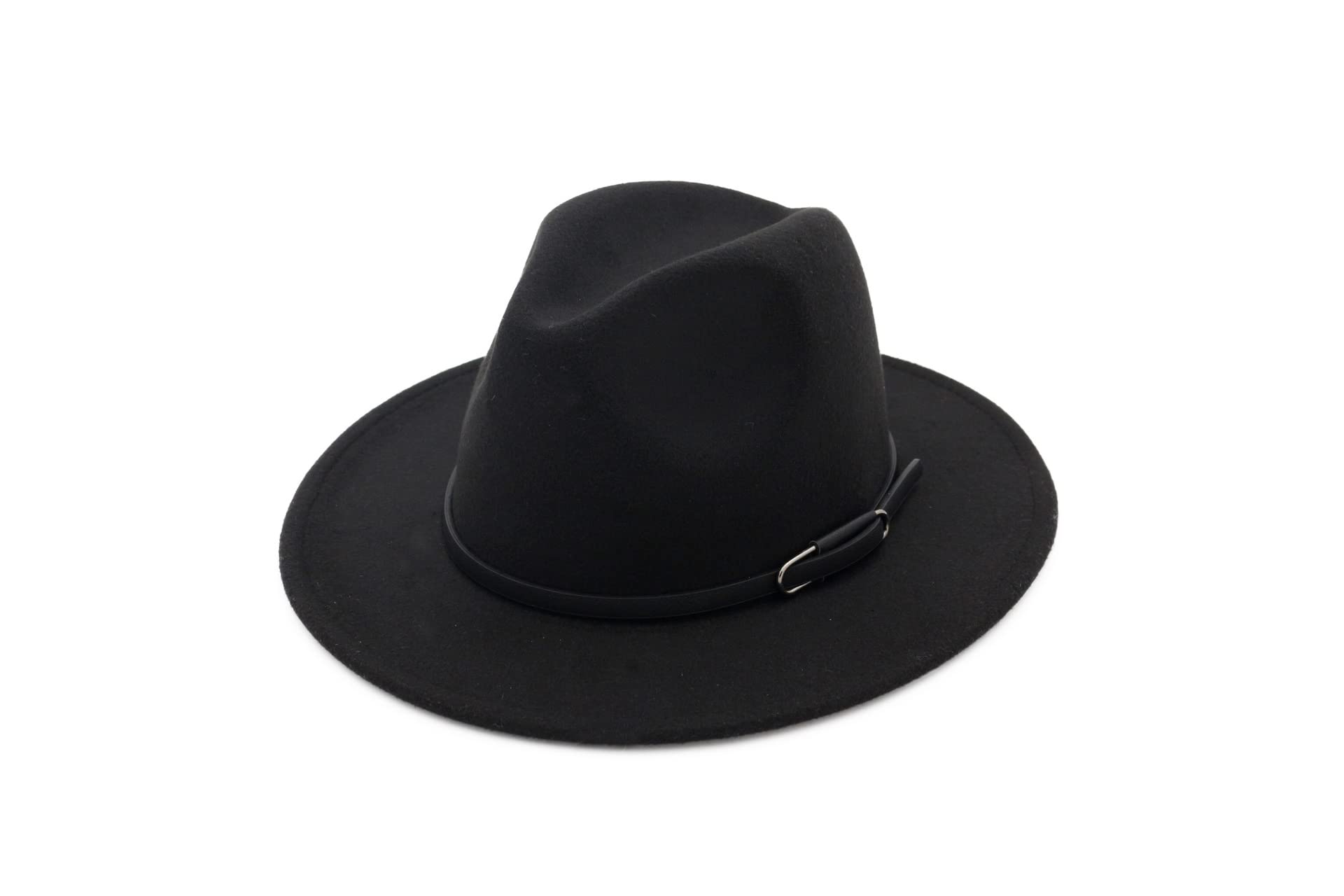 QUUPY Sombrero de fieltro negro con hebilla de cinturón retro unisex con cordón, Negro, M