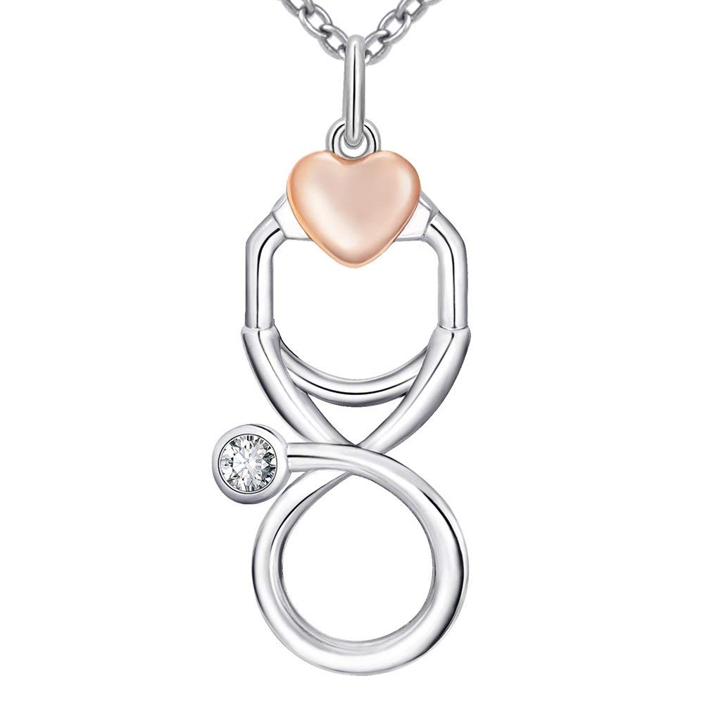 STROLLGIRL | Sterling Silver Stethoscope Pendant Necklace | Cubic Zirconia Stone Infinity Loop with Heart for Doctors, Nurses or Students