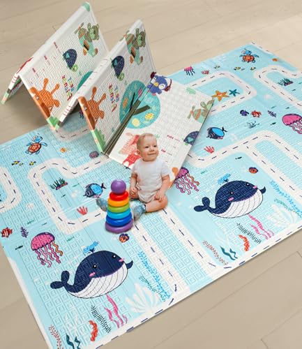 Image of Intelliskills Premium Extra Large Reversible Play Mat for Babies,Learning&Crawling Foldable Baby Mat for Floor,Non-Toxic&Anti-Skid Play Mat,Waterproof,6.5x4.5 ft,0.6cm Thick(Jungle Animals&Ocean Life)