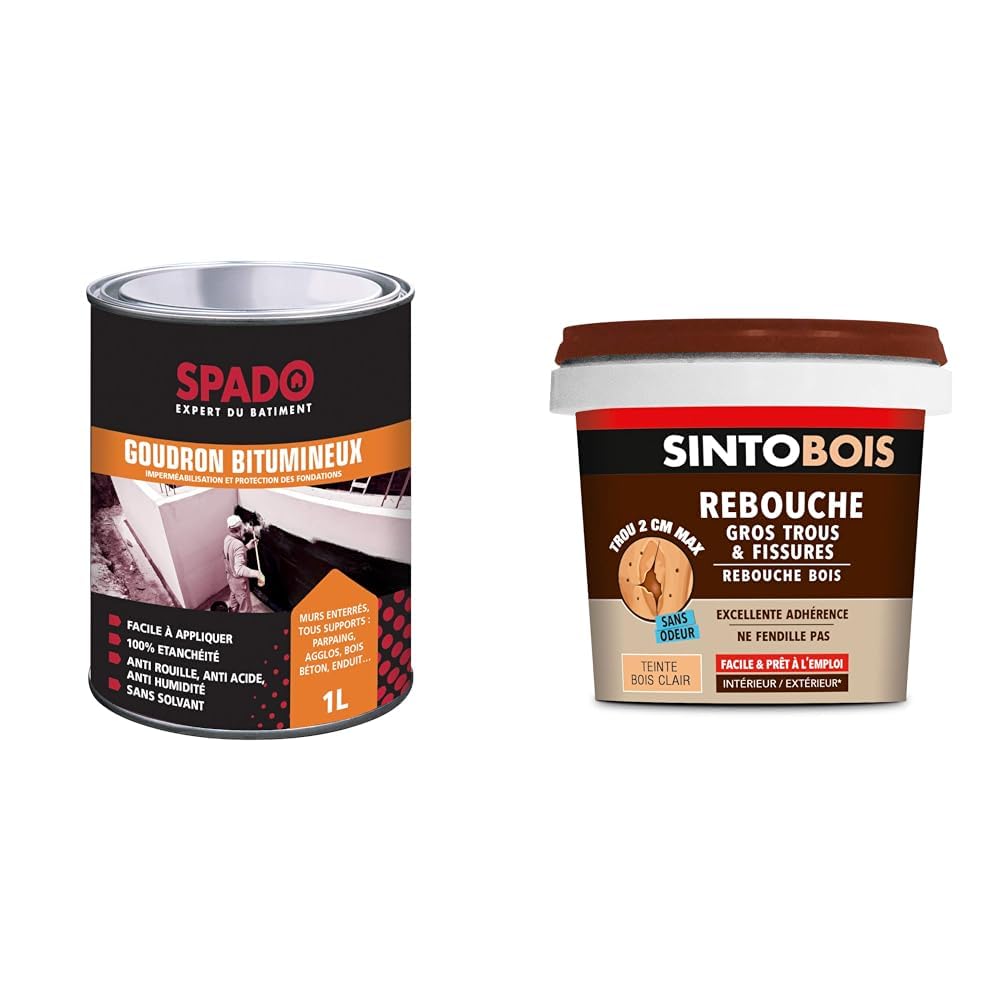 Goudron bitumineux SPADO 1L et mastic rebouche bois Sinto clair 500g