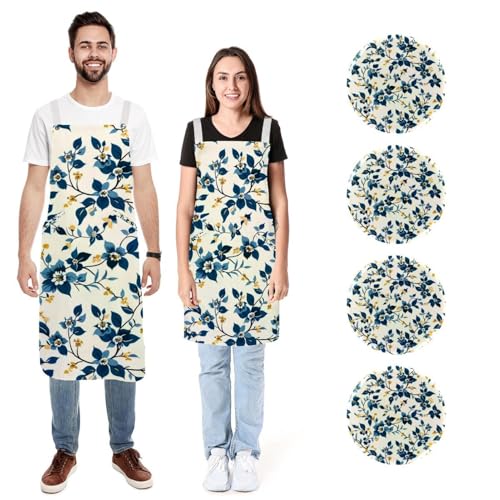 Tablier de cuisine vintage bleu à fleurs (lot de 2) réglable avec poches