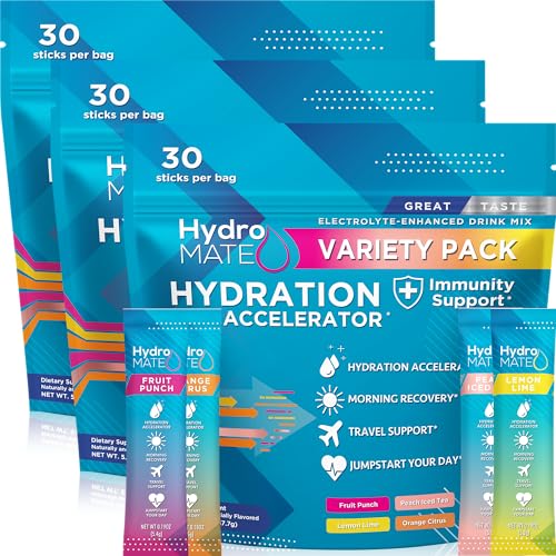 Image of HydroMATE Electrolyte Powder Variety Pack Bulk Hydration Packets Low Sugar 90 Count