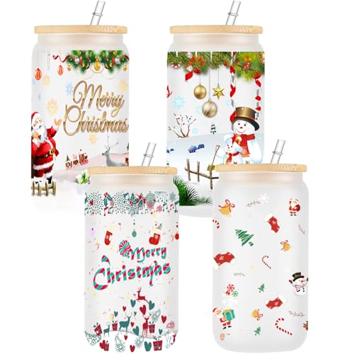 WOSIWULA 4 Pcs Christmas Glass Cups, Christmas Decorations Gifts, 360 Degree Xmas Printing of Images, Coffee Mugs Tumblers with Lids Straws Cleaning Brushes, 16oz
