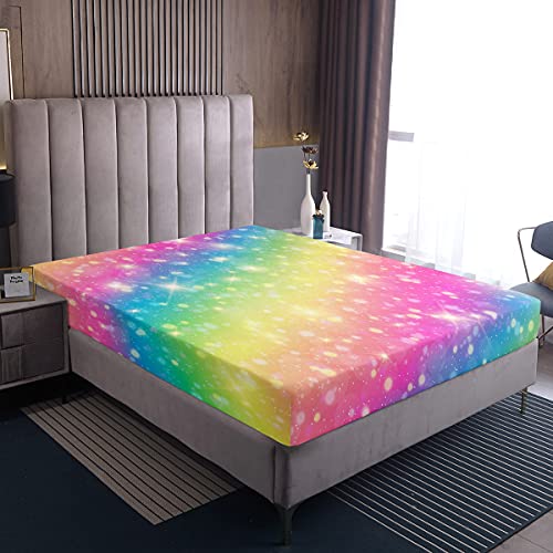 Loussiesd Rainbow Color Fitted Sheets Double Girls Kids Blingling Decor Fitted Sheets Colorful Cute Glossy Decorative Box Spring Bed Sheets 100% Soft Microfiber