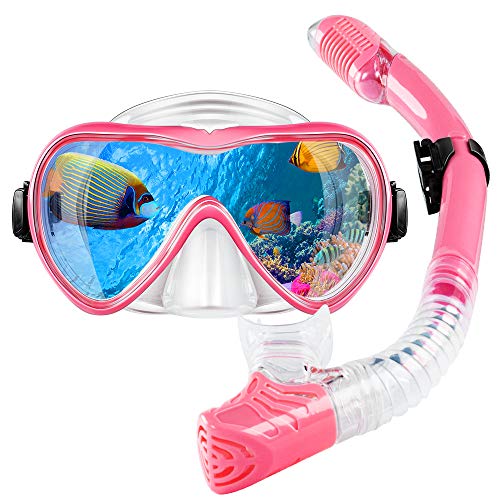 Gugusure Dry Snorkel Set, Snorkeling Gear with Anti Fog and Anti Leak Tempered Glass, Panoramic Wide View and Easy Breathing for Scuba Diving and Swimming, Ideal Snorkel mask for Adults, Youth, Women