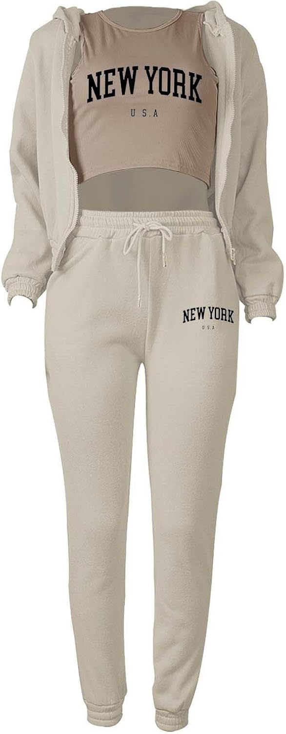 Fleece Zipper Sweatsuit for Women 3 Pieces Los Angeles Cropped Trendy Hoodies and Sweatpants Set Casual College Tracksuit