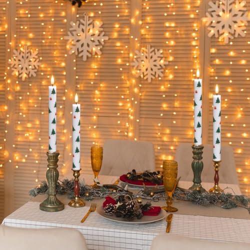 Image of GenSwin Christmas Flameless Taper Candles, 4 Pack Christmas Tree Candles with Remote Timer, Real Wax Flickering LED Flameless Candlesticks Battery Operated with Decals for Home Decor(0.75 inch x 9.65 inch)