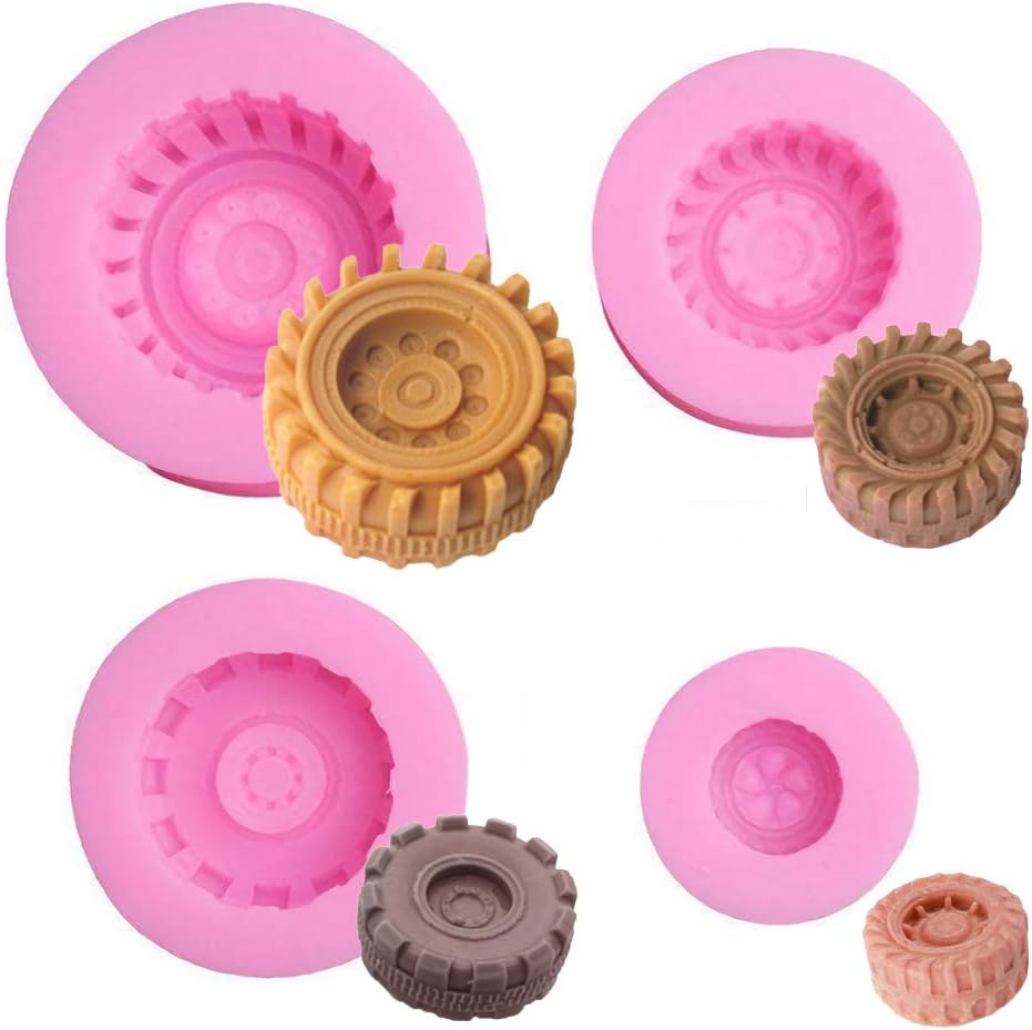 Fewo Set of 4 3D Round Tire Chocolate Candy Molds Silicone Truck Wheels Car Tyre Cake Fondant Molds Cake Sugarcraft Decorating Tools Resin Polymer Clay Soap Molds