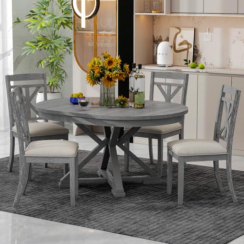 Image of 5-Piece Extendable Dining Set, Retro Kitchen Table for 4 6 People with Removable Middle Leaf and 4 Upholstered Chairs, Round Dining Table for Kitchen, Dining Room, Grey