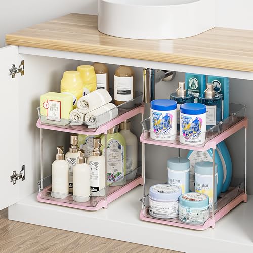 Delamu 2 Sets of 2-Tier Multi-Purpose Bathroom Under Sink Organizers and Storage, Stackable Kitchen Pantry Organization, Pull Out Medicine Cabinet Organizer with 8 Movable Dividers, Pink
