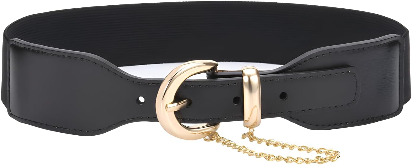 Women's Dressy Elastic Belt Fashion Stretch Leather Waist Band with Gold Buckle and Chain Tails
