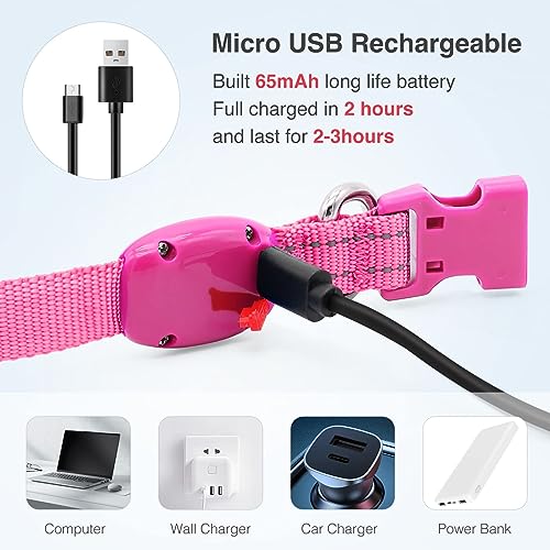 Wiederaufladbares LED-Welpenhalsband, YFbrite LED-Katzenhalsband, Bequem Leuchtende Welpenhalsbänder, Verstellbares Reflektierendes Welpen-Gehlichthalsband für Sicherheit (Rosa, XS)