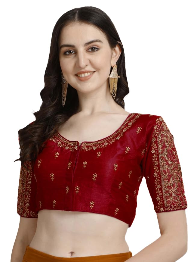 Pujia Mills Women's Flower Embroidery Sleeves Cut Work Readymade Saree Blouse