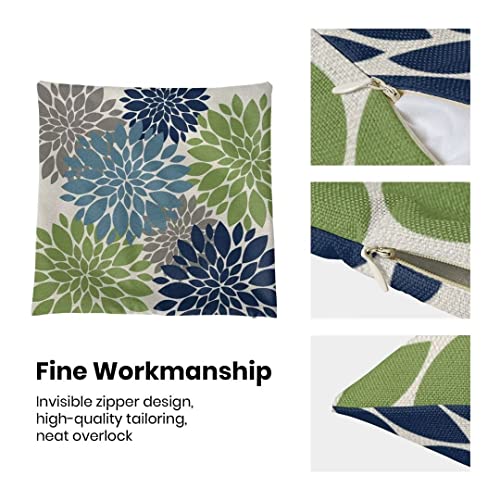 Dahlias Flowers Pillow Covers 18X18 Set Of 2, Navy Light Blue Green Decorative Throw Pillow Covers Geometry Modern Linen Farmhouse For Couch Sofa Summer Home Outdoor Decor #TOP5