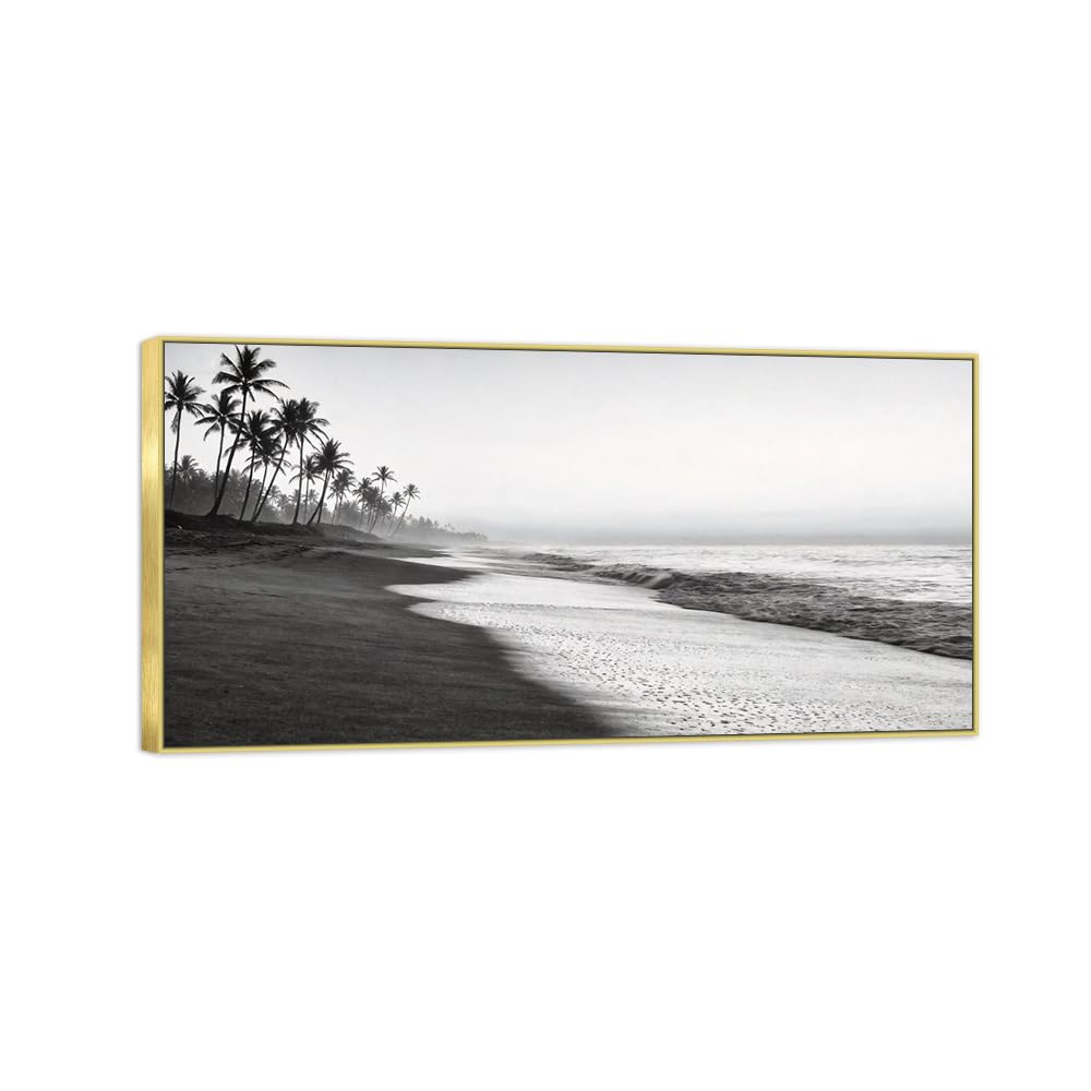 Sea Beach 2 Black White Landscape Canvas Picture 60x120cm Gold Frame