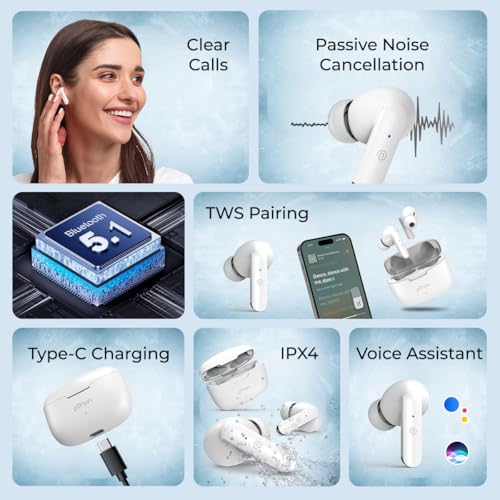 Image of pTron Basspods P81 in-Ear Wireless Earbuds, Pristine Sound, 32Hrs Playtime, Clear Calls TWS Earbuds, Bluetooth V5.1 Headphone, Type-C Fast Charging, Voice Assist & IPX4 Water Resistant (White)