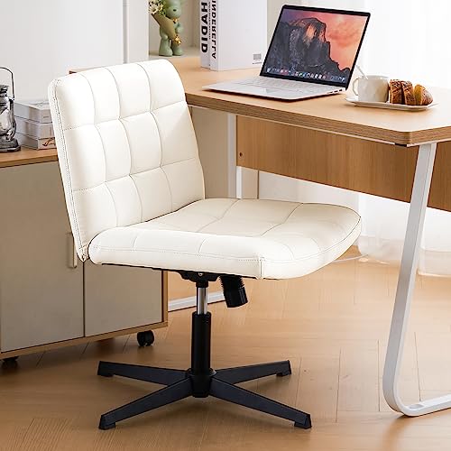 Furniliving Armless Office Desk Chair No Wheels, Height Adjustable Wide Home Office Desk Chair Mid Back Pu-Padded Computer Task Chair For Home Office Swivel Accent Chair Vanity Chairs,Ivorywhite #TOP7