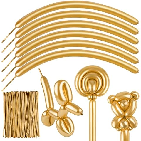 Aodaer 100 Pieces Twisting Latex Balloons 260 Long Skinny Balloons for DIY Modelling Birthday Party Decoration Wedding Anniversary, Metallic Gold Cover