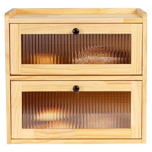 Sunhoo Bread Box for Kitchen Countertop Wooden Bread Storage Container Bin 2 Layer Breadbox Holder Large Capacity Keeper Vintage Farmhouse Food Organizer Pantry Shelf Acrylic Window(Wood color)