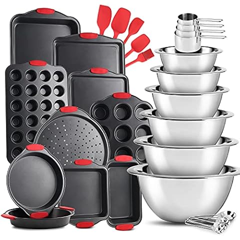 EatEx Nonstick Carbon Steel Bakeware Set - Tray Set with Silicone Handles Oven Safe Cookie Sheets, Baking Pans, Cake Loaf, Muffins & Bread Pan & More (Black & Stainless) Cover