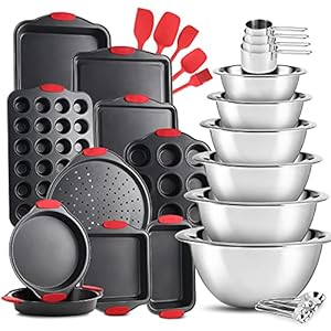 EatEx Nonstick Carbon Steel Bakeware Set – Tray Set with Silicone Handles Oven Safe Cookie Sheets, Baking Pans, Cake Loaf, Muffins & Bread Pan & More (Black & Stainless)