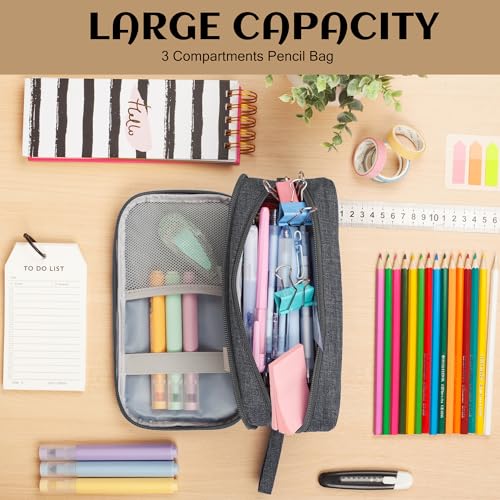 Image of Pencil Case Big Capacity Pen Pouch Large Storage Holder Marker Pen Bag Durable 3 Compartment School Office Desk Organizer Portable Cute Zipper Stationery for Kids Teen Student Boys Girls Adults