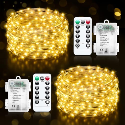 Luci Led a Batteria, 2 Pezzi 10M 100 Led Rame Filo Catene Luminose Lucine Fata Luci con Telecomando e Timer, 8 Modalità Impermeabile Bianco Caldo Luci per Natale per Letto Camera, Feste, Matrimoni