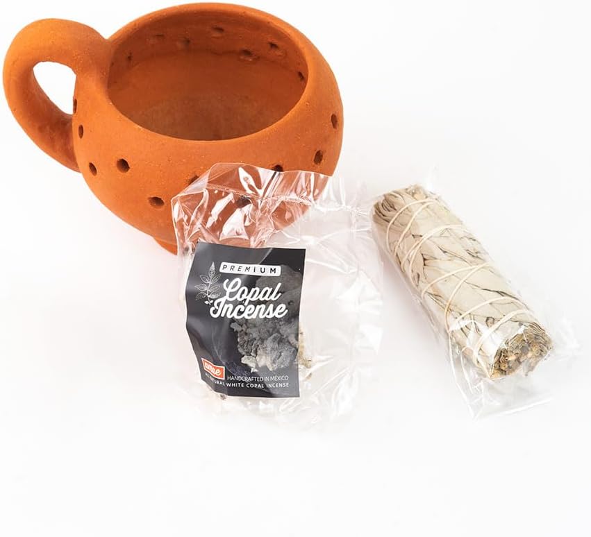 Mayan Copal Cup Incense Burner Copalera or Sahumerio Cup, Burning Charcoal with Rocks or Herbs. This kit Contains: A Copalera, Pure Copal 1.41 oz/ 40 grs. & a White Sage Bundle.