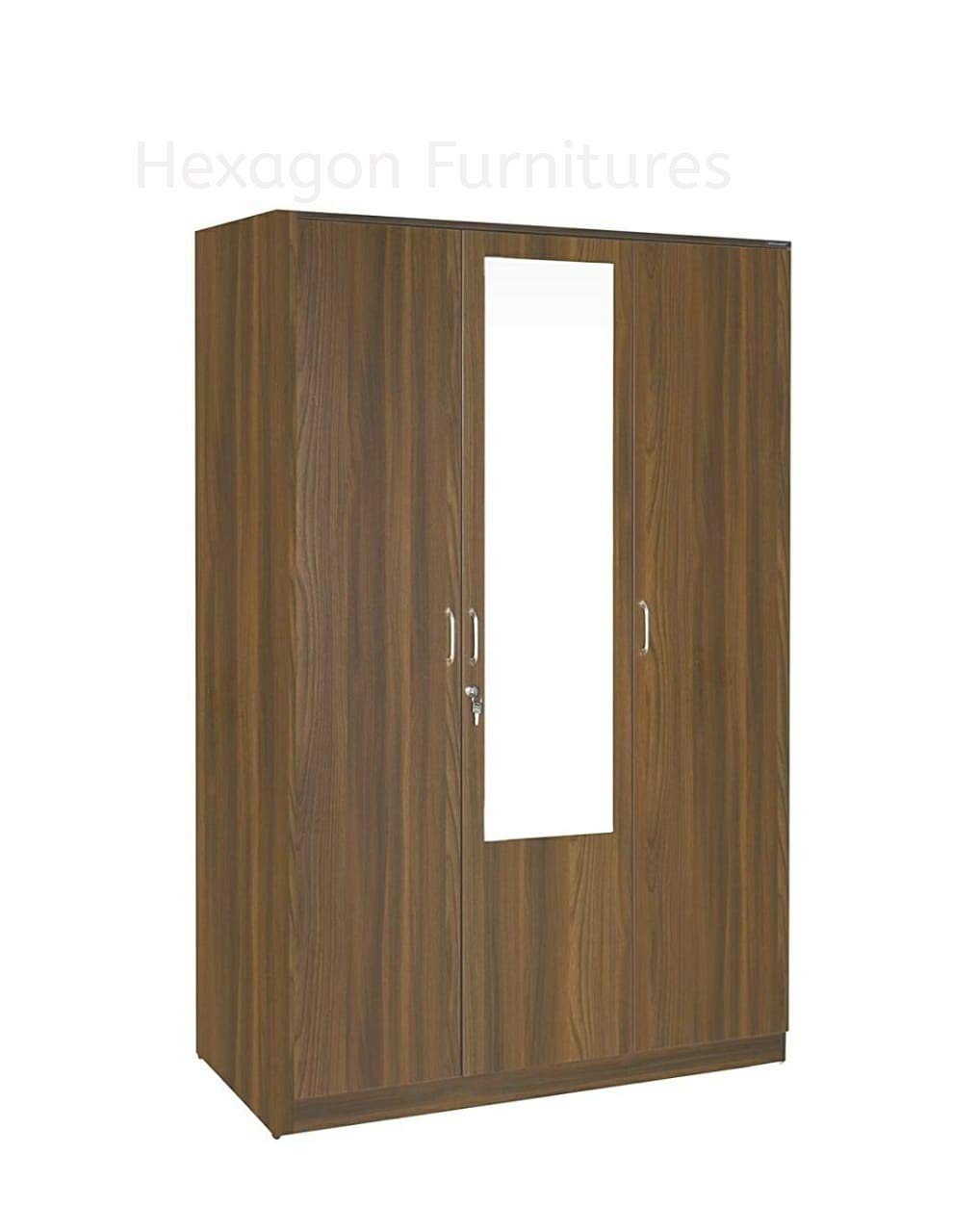 Hexagon Furnitures Engineered Wood 3 Door Wardrobe with Full Mirror (Walnut Finish)-image-35