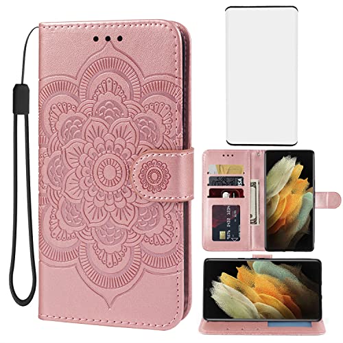 Bohefo Case for Galaxy S21 Ultra/Samsung S21 Ultra G998U Wallet Case with Tempered Glass Screen Protector, Leather Flip Credit Card Holder Stand Phone Cover for Samsung Galaxy S21 Ultra 5G Rose Gold