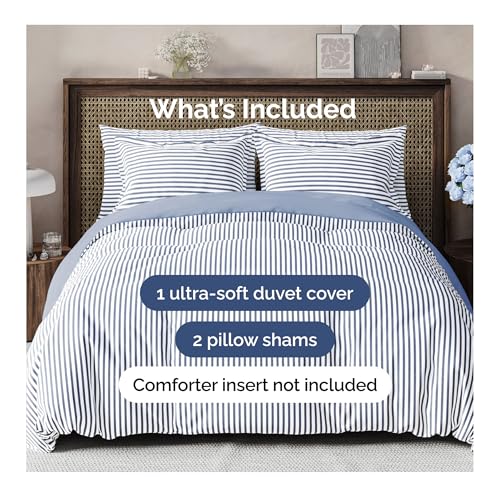 Image of Duvet Cover King Size Set - Extra Soft King Duvet Cover 104 inch x 90 inch with 2 Pillow Shams for Women, Men, Kids & Teens - Hotel Luxury w / Zipper Closures & Ties - Comfy, Cozy & Breathable (Blue Stripes)