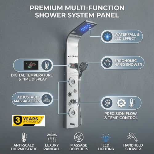 Image of X-XONIER Stainless Steel 304 Grade Shower Panel 7in1+ Extra Large 3Ways Hand Shower Tower System With LED Rainfall Waterfall 2Body Massage 4 Mist Spray Temperature Display Shower Panel.(Silver)