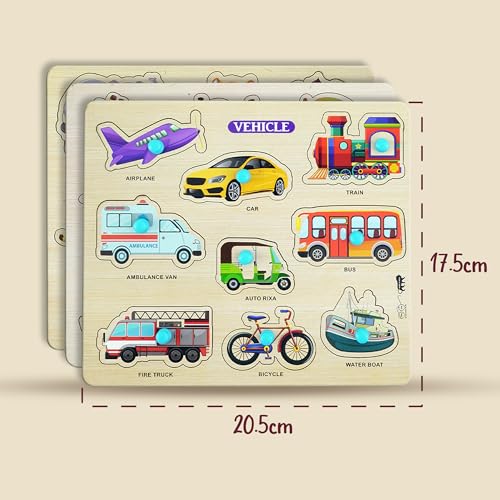 Image of Lefan Wooden Puzzle Combo Set for Kids Vehicle, Fruit & Animal Knob Puzzles Montessori Educational Toy for Toddlers 2 Years+ Fine Motor Skill Learning Wooden Board Toy Gift