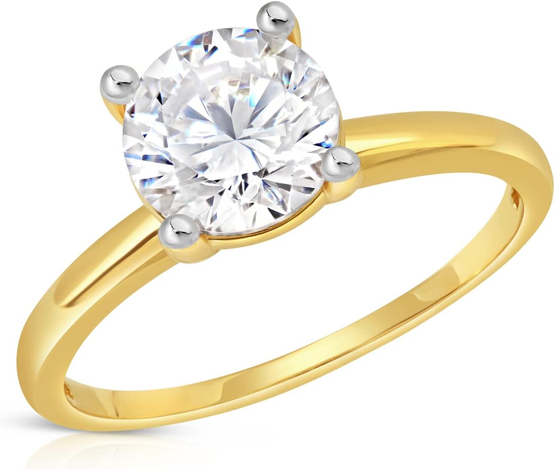MAX + STONE 2 Carat Round Cubic Zirconia Solitaire Engagement Ring for Women | 14k Gold Engagement Rings | Simulated Diamond Ring | Real Gold CZ Engagement Rings