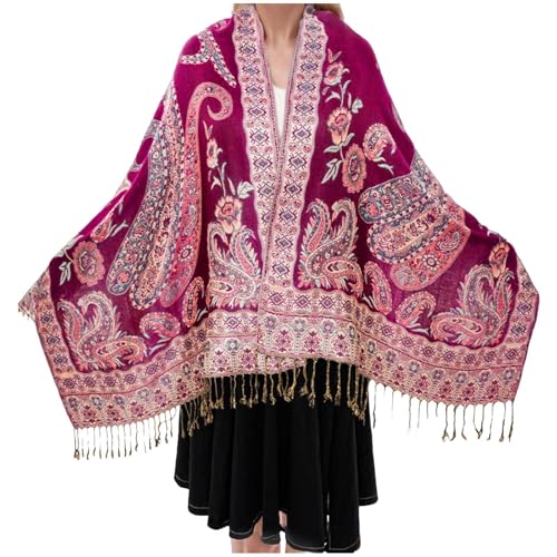 XINGSHUNFU - XINGSHUNFU Paisley Pashmina Rave Scarf, Indian Shawl Wraps for Women Exotic Shawls Scarves for Evening Dresses(Rose Red)