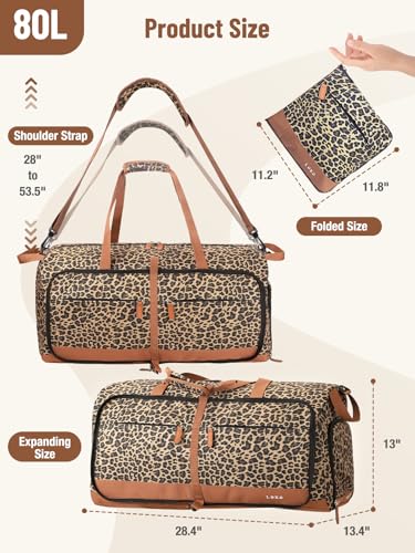 Image of Lekesky Foldable Travel Duffel Bag for Women, 80L Large Duffle Bag with Separate Shoes Compartments & Straps, Carry On Weekend Bag for Women, Hospital, Overnight(Leapord)