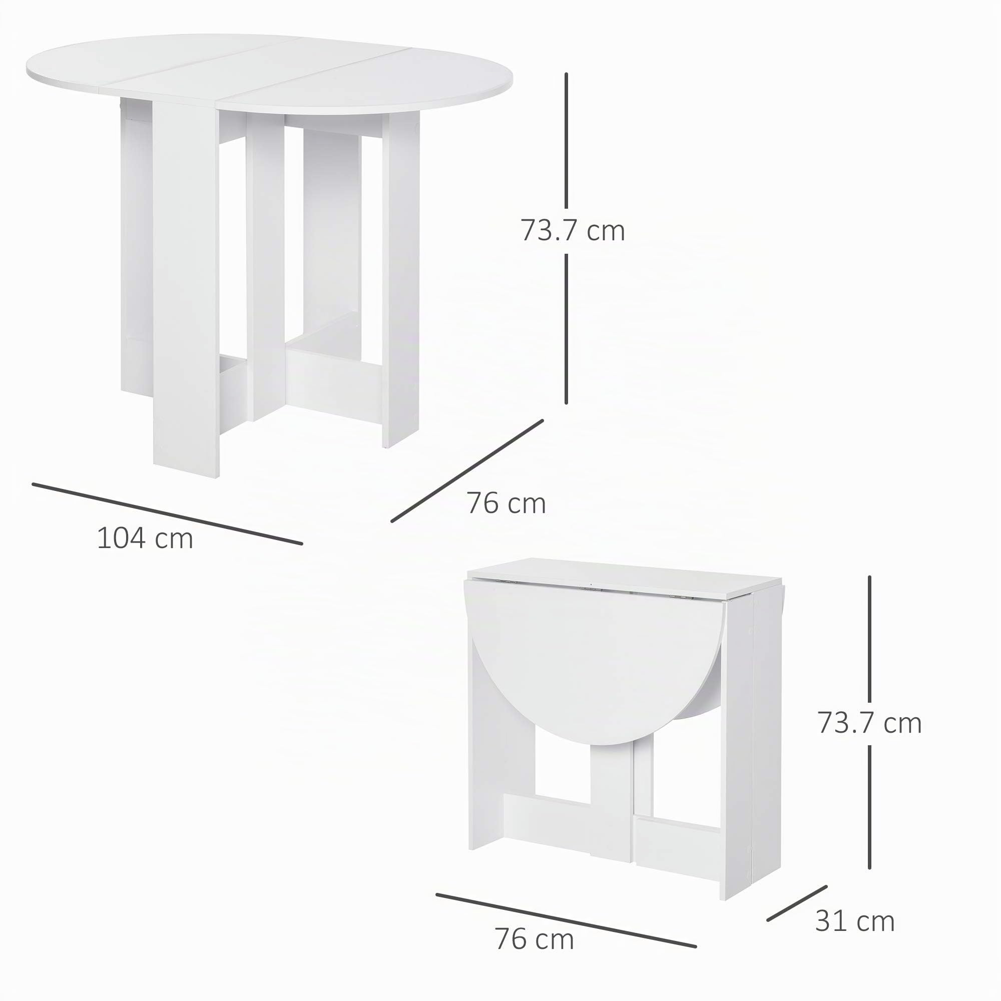 HOMCOM Tavolo Pieghevole da Pranzo Allungabile 104x76x73.7 cm Bianco | 2 Ribalte, Salvaspazio, Tavolo da Pranzo Estensibile in Legno, per Soggiorno e Cucina