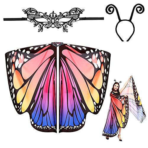 EMAGEREN Ailes de Papillon Adulte Cape 174 * 143cm Écharpe Femme Ailes Papillon Foulard Châle Fille Déguisement Papillon Adulte en Polyester Cape avec Masque Papillon Bandeau pour Cosplay Fête