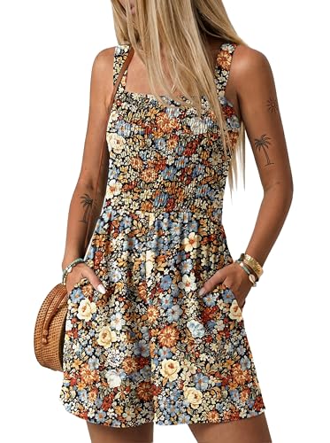 Image of Lepunuo Womens Rompers for Summer Casual Smocked Jumpers Overalls Square Neck Jumpsuits with Pockets Beach Vacation