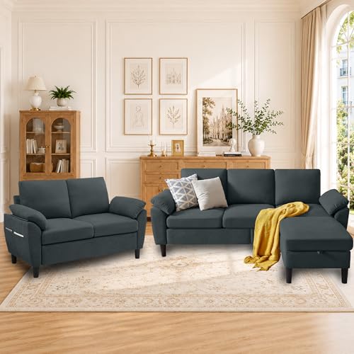 Portaforta Convertible Sectional Sofa Set, 79" Modern L Shaped Couch and 57" Loveseat, Linen Upholstered 3 Seat Sofa with Storage Ottoman, Couches for Living Room, Apartment, Dark Grey
