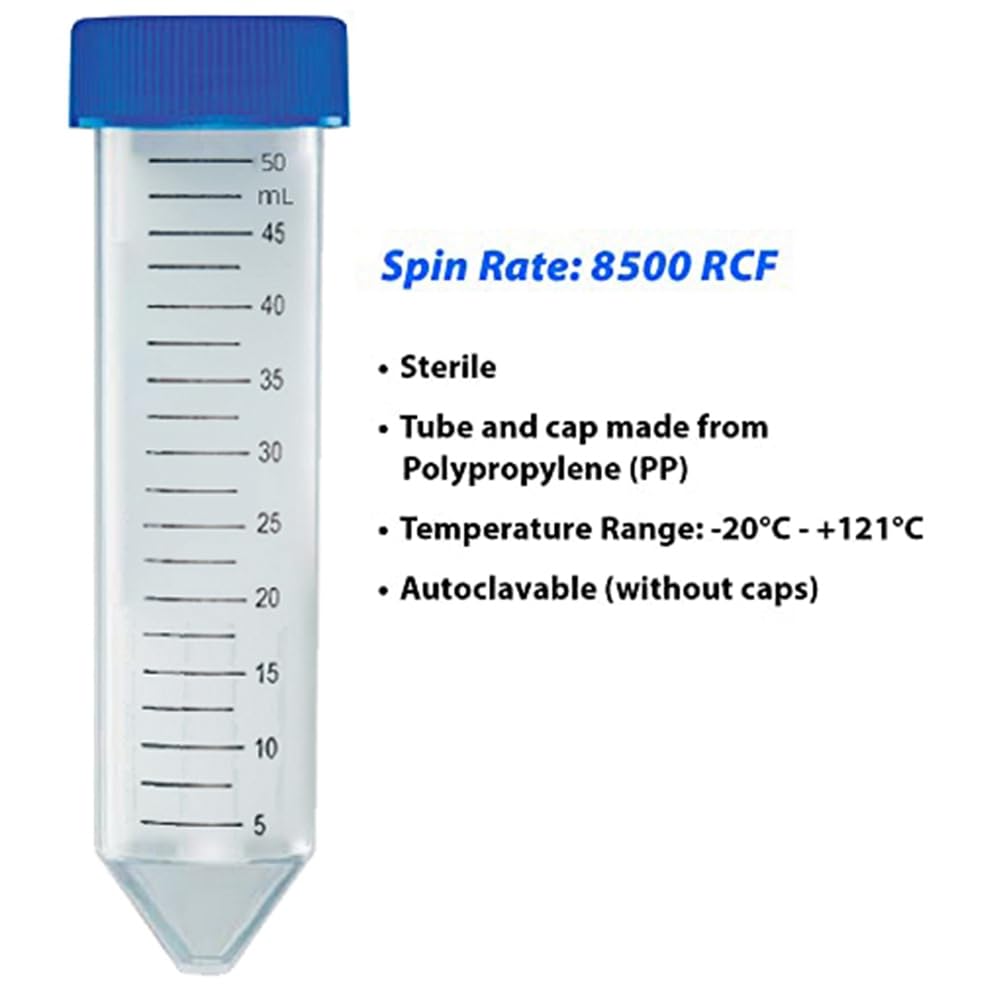 MansH - Tubo centrífugo con tapón de rosca plano azul atado, esteril, graduación , bolsita, capacidad de 50 ml (500)