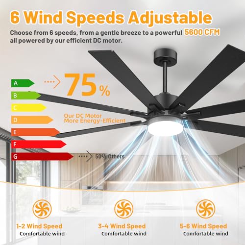 Image of hykolity 62 Inch Modern Flush Mount Large Black Ceiling Fan with Light