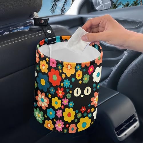 Image of Black Cat Florals Car Trash Can Collapsible Auto Trash Bin Multipurpose Rubbish Holder Christmas Decoration for Front Seat, Back Seat, Floor, Headrest