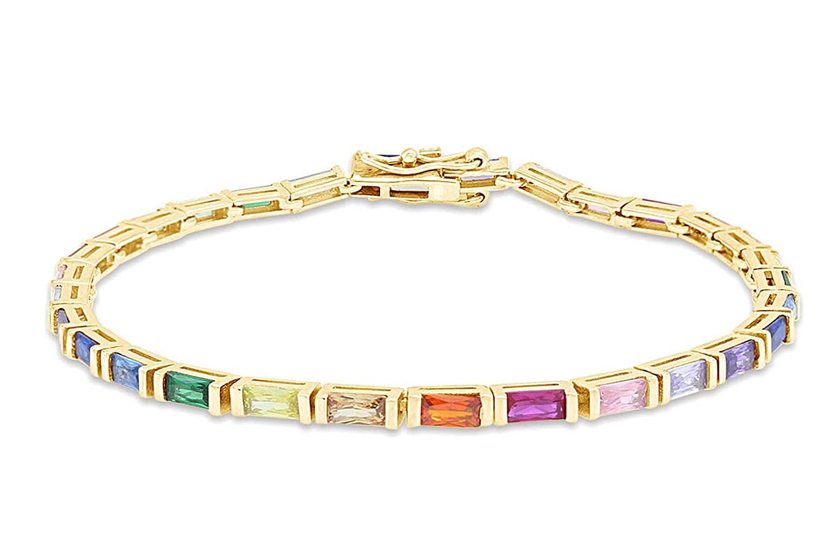AFFYAFFY 14k Gold Plated 925 Sterling Silver Colourful Bar Setting Rainbow Baguette Sparkling Multi Color Sapphire Gemstone Tennis Bracelet, Jewelry for womens
