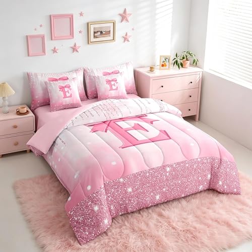 Image of Feelyou Kids Pink Bowknot 7 Pieces Bedding Set Queen Size, Personalized Initial E Bed in A Bag Princess Glitter Comforter Set with Sheets Boys Girls Bow Alphabet Teens Bed Set Bedroom Decor 7Pcs