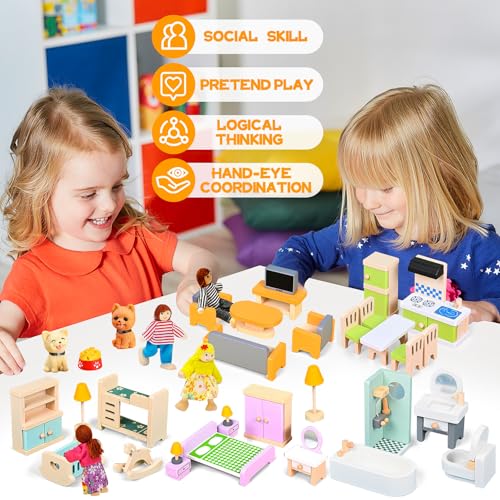 HAPGFS 36PCS Wooden Dollhouse Furniture Set with 4 Flexible Family Dolls - 5 Room Realistic Doll House Accessories for Toddlers 3 4 5 6, Pretend Play Toys Gift for Birthday and Christmas