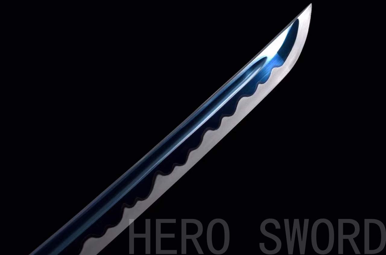 Handmade Razor Sharp Japanese Samurai Sword Real Combat Ready Katana,Damascus Folded Steel,T1095 High Carbon Steel Full Tang Blade (Blue Blade Flowers Tsuba Katana)