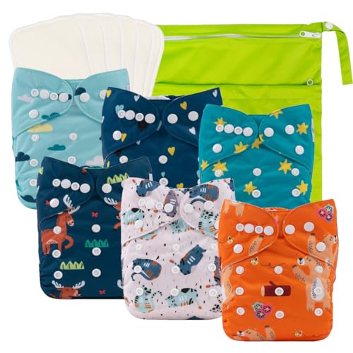 Image of babygoal Baby Reusable Cloth Diapers 6 Pack+6pcs Rayon from Bamboo Inserts+Wet Bag, One Size Adjustable Washable Pocket Nappy Covers for Boys