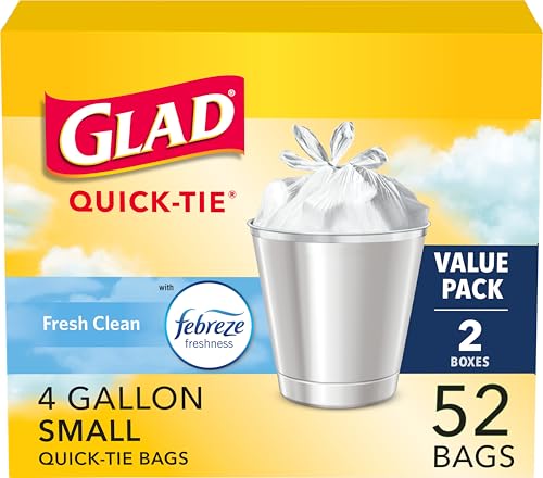 Glad OdorShield Small Quick-Tie Trash Bags Fresh Clean Scent 4 Gallon 52 Ct (Package May Vary)